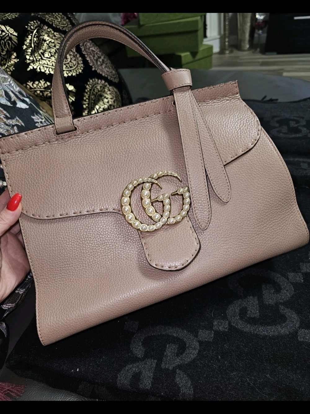 Gucci Pearl Double G Top Handle Bag in Taupe - Picture 7 of 16